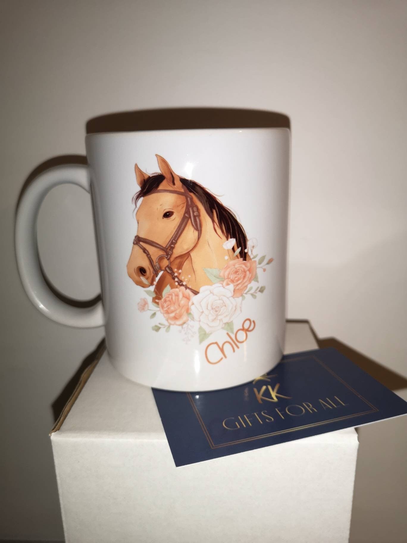 Personalised Horse Lover Mug & Coaster Gift, Chestnut Bay Grey Horse, Perfect Gift For Horse Owners Riders, Floral Horse Mug