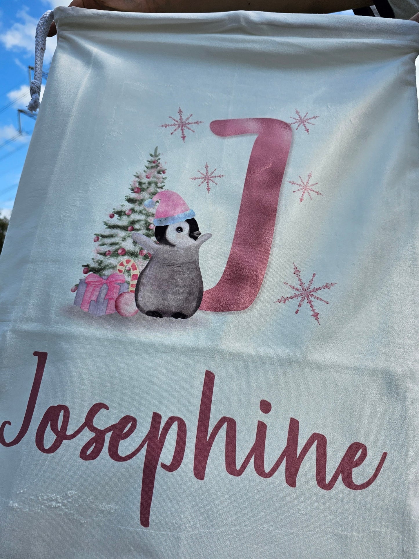 Personalised Christmas Santa Sack Father Christmas Bag, Blue Or Pink Christmas Penguin, Girl Or Boy Large Luxury Sack