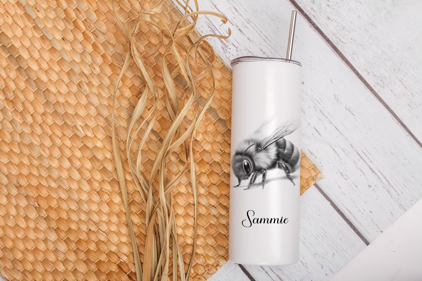Personalised Bumble Bee Tumbler: 20oz Insulated Bottle With Straw