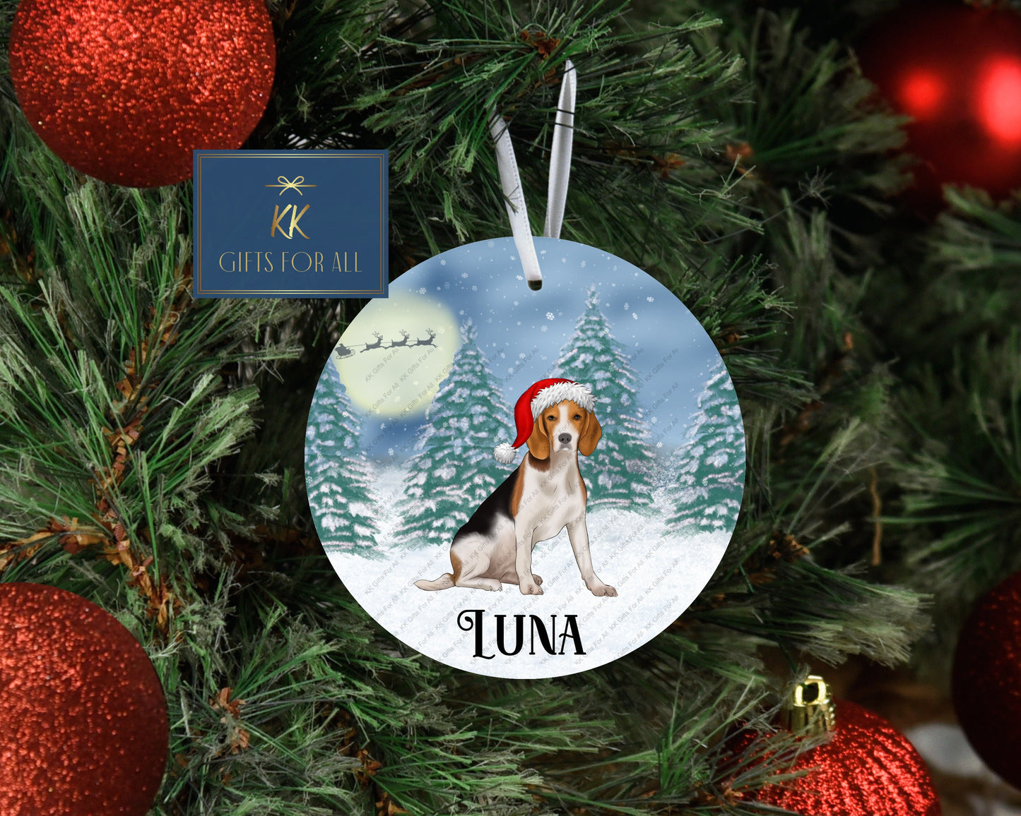 Personalised Christmas Tree Decoration, Beagle Santa Hat, Christmas Hanging Ornament, Metal Tree Decoration, Beagle Dog Tree Decoration Xmas