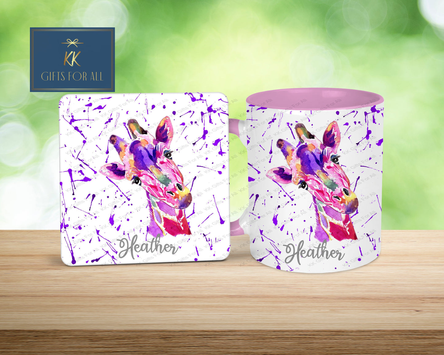 Watercolour Giraffe, Purple Background, Gift For Her, Friend Birthday, Personalised Mug & Coaster Gift, Watercolour Giraffe, Custom Coaster