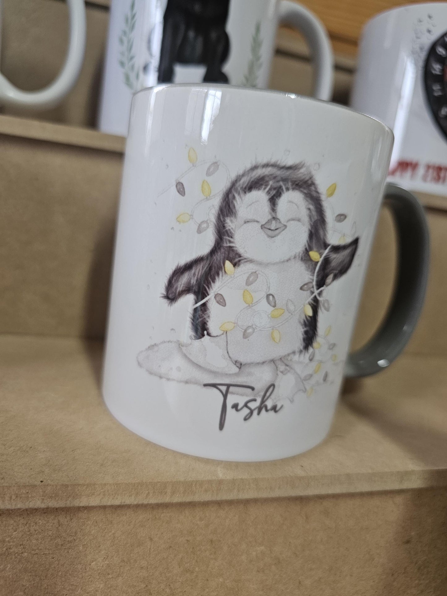 Personalised Christmas Penguin Mug, Sketch Penguin With Xmas Lights, Christmas Hot Choc Mug