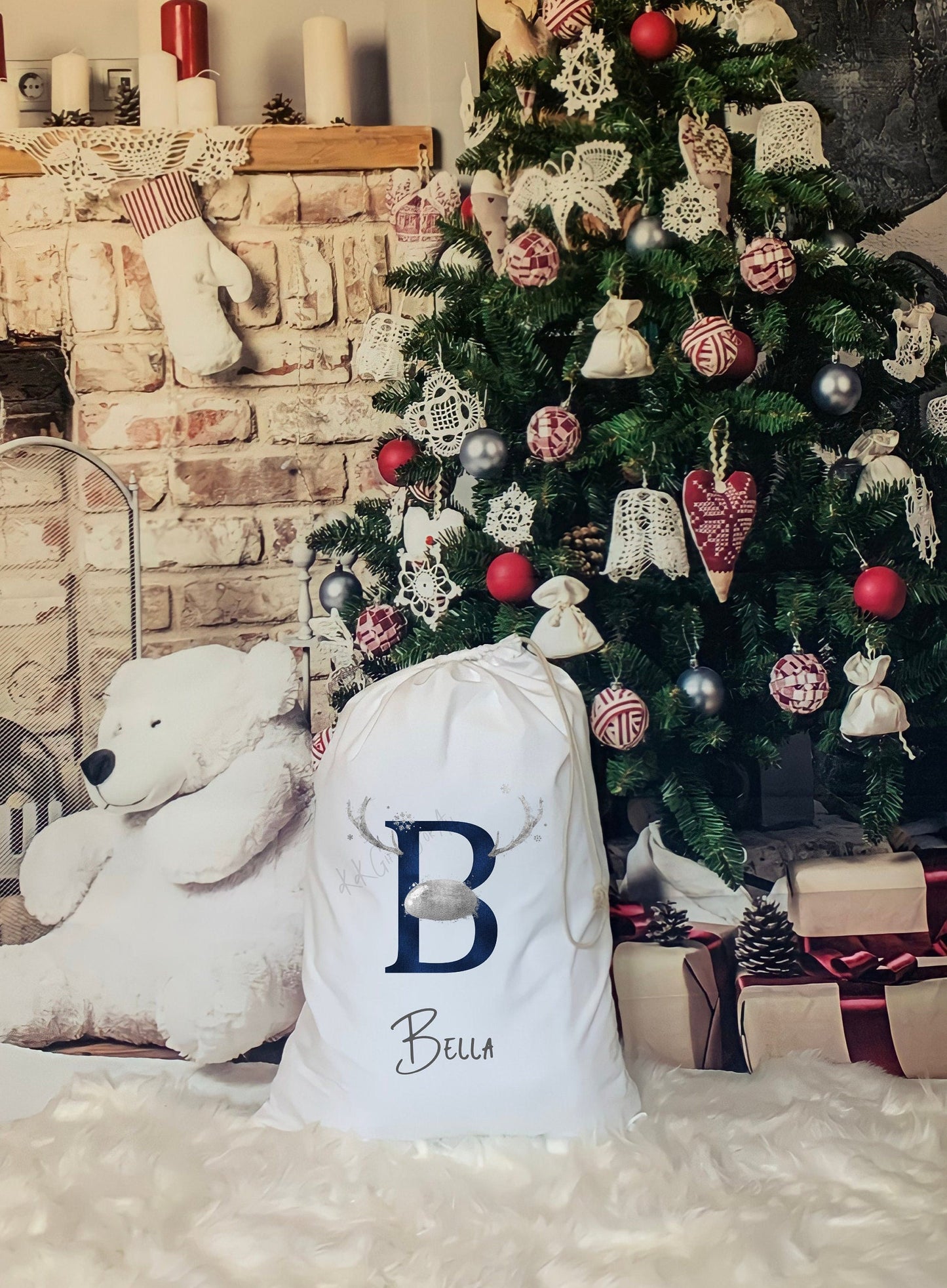 Antler Reindeer Personalised Christmas Sack, Large Father Christmas Sack, Navy Antler Initial