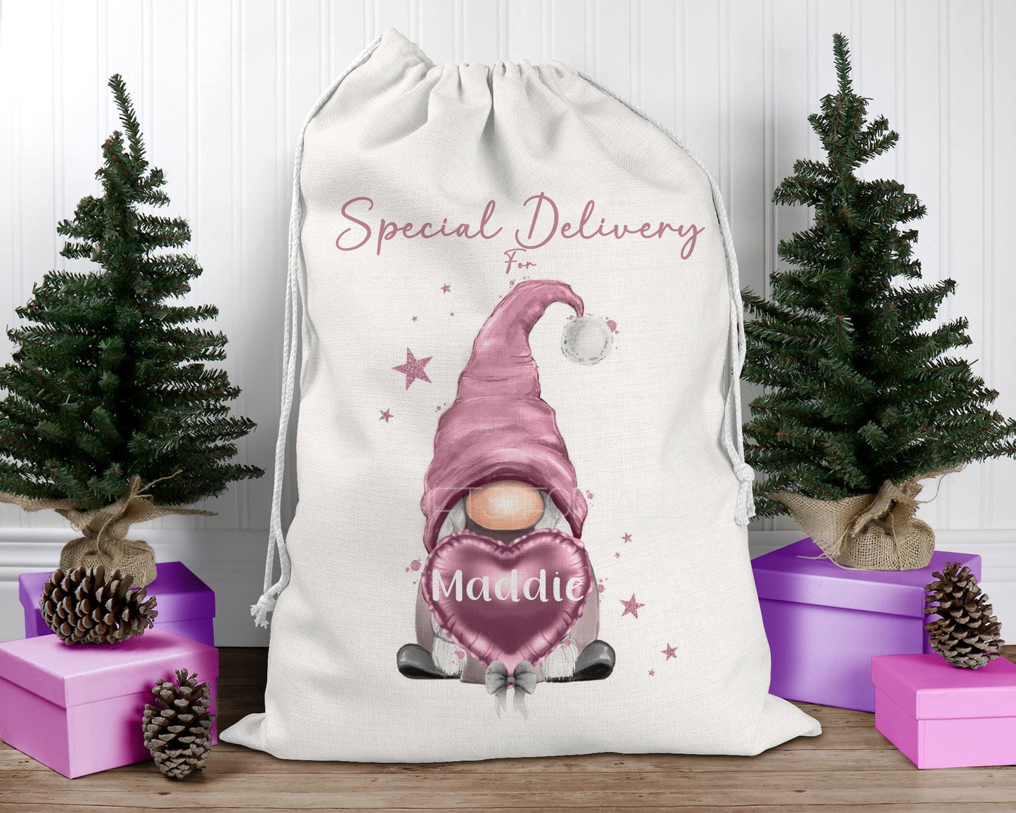 Personalised Pink Gonk Christmas Sack, Watercolor Gnome Santa Sack
