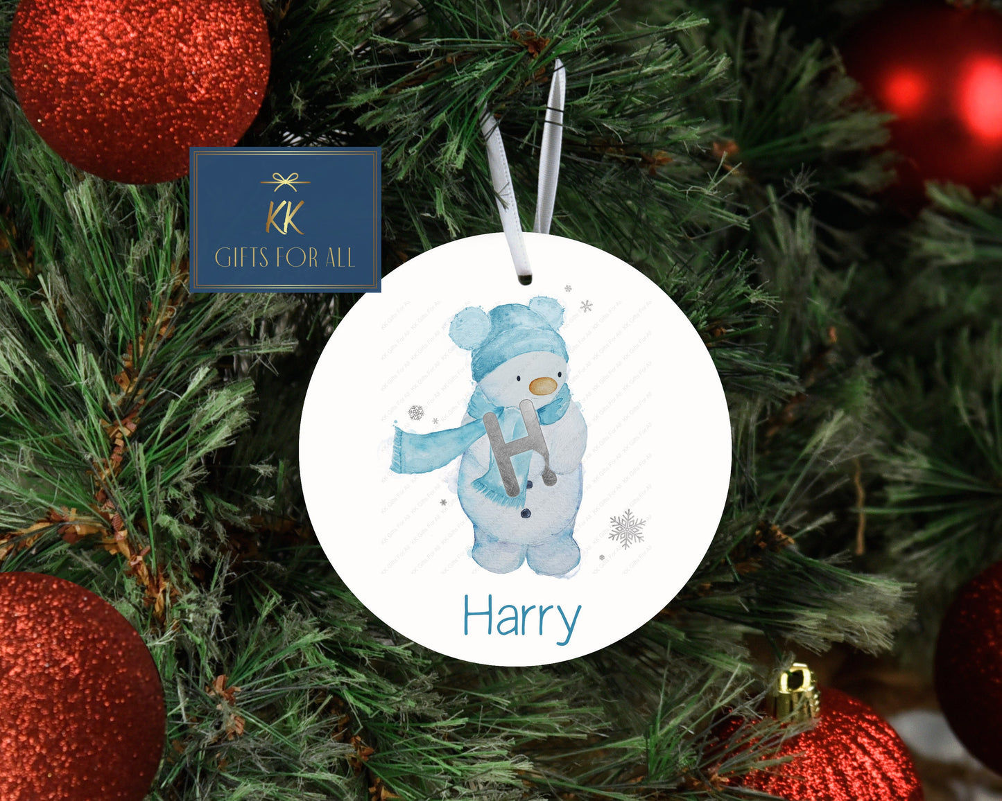 Personalised Christmas Tree Decoration, Christmas Hanging Ornament, Metal Tree Decoration, Blue, Snowman Dec, Baby Boy's First Christmas