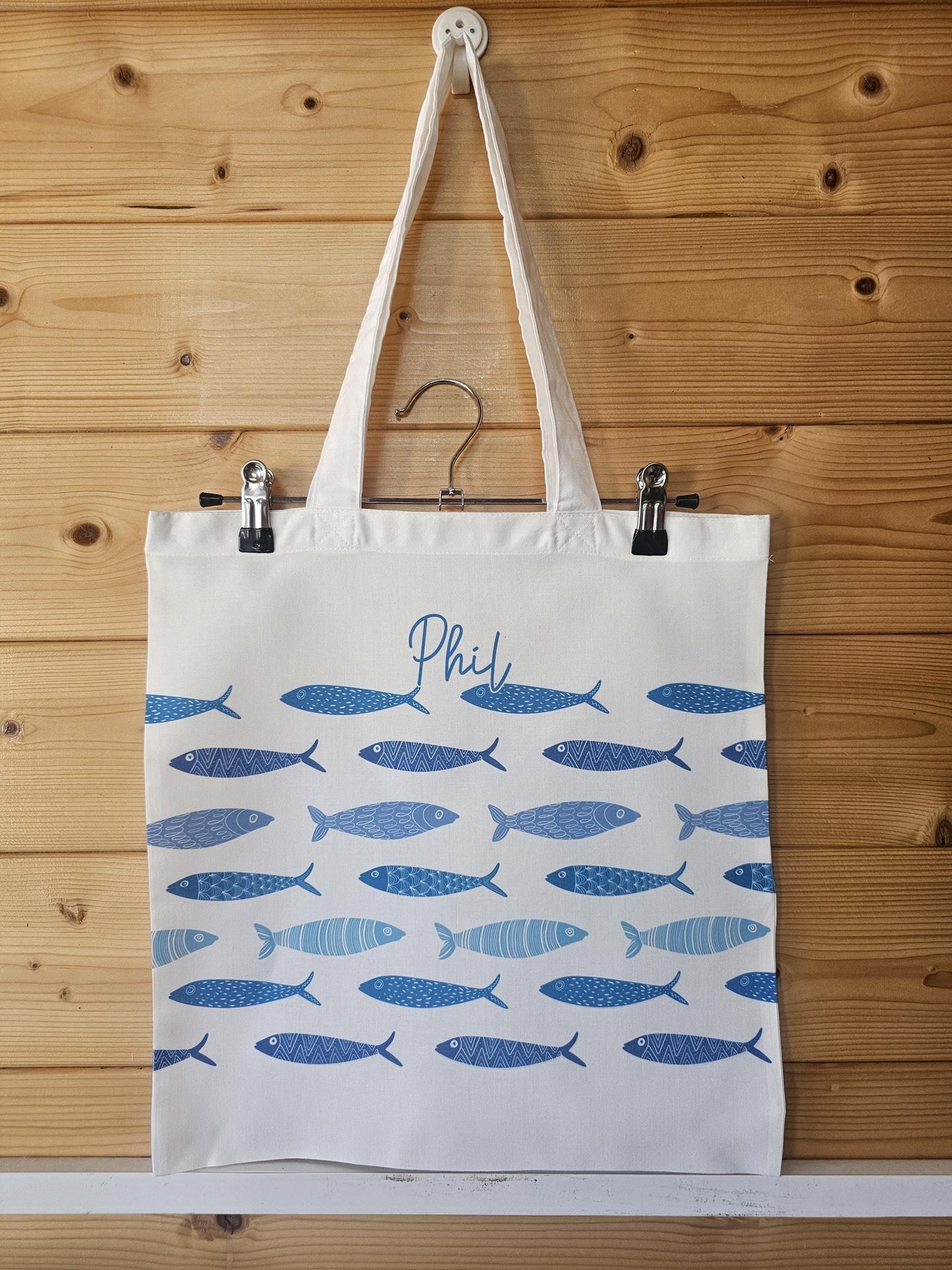 Personalised Sardine Fish Tote Bag, Long Handle Reusable Shopper, Maritime Theme Gift
