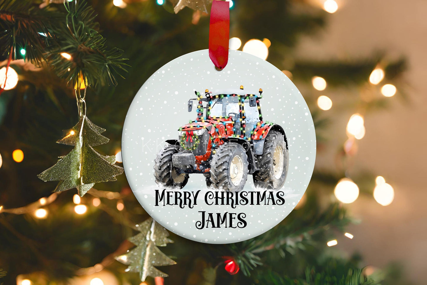 Personalised Christmas Tractor Decoration, Red Tractor Christmas Hanging Ornament