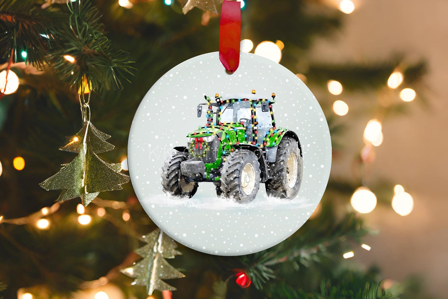 Personalised Christmas Tractor Decoration, Green Tractor Christmas Hanging Ornament