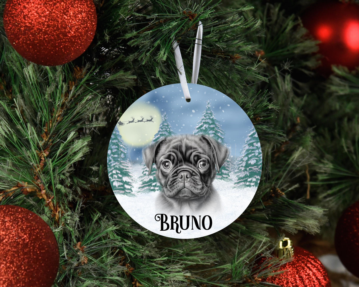 Personalised Christmas Black Pug Tree Decoration, Pug Metal Christmas Hanging Ornament
