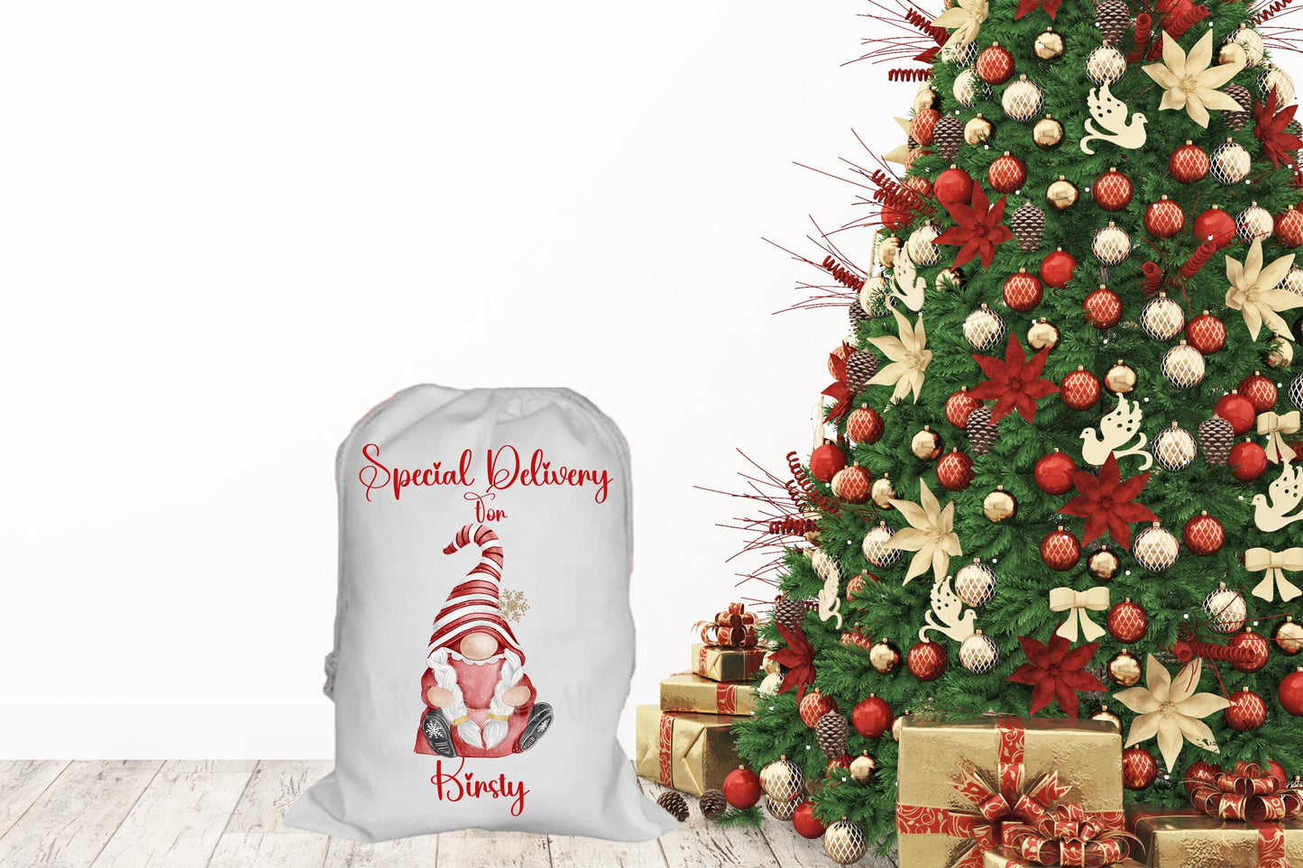Personalised Christmas Gonkette Santa Sack, Large Red Gnome Present Bag
