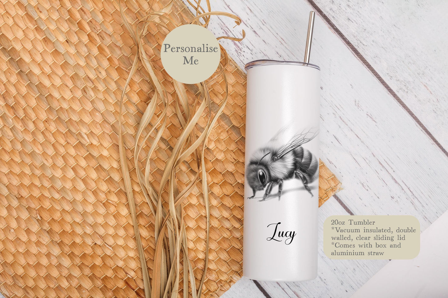 Personalised Bumble Bee Tumbler: 20oz Insulated Bottle With Straw