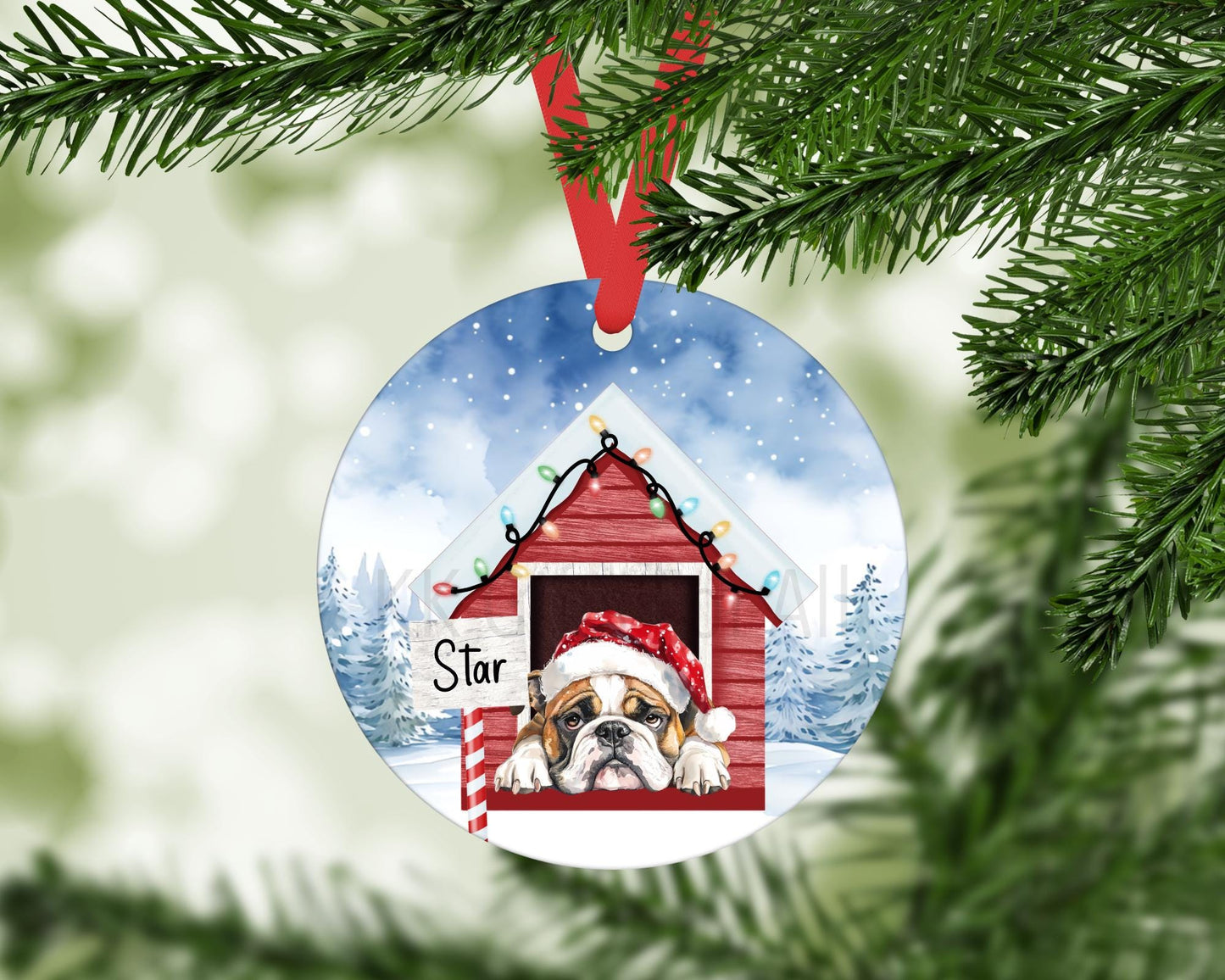 Personalised Christmas Bulldog Tree Decoration, Bulldog Metal Christmas Hanging Ornament