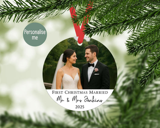Personalised First Christmas Married Ornament, Newlywed Photo Keepsake, Bride & Groom Wedding Decoration