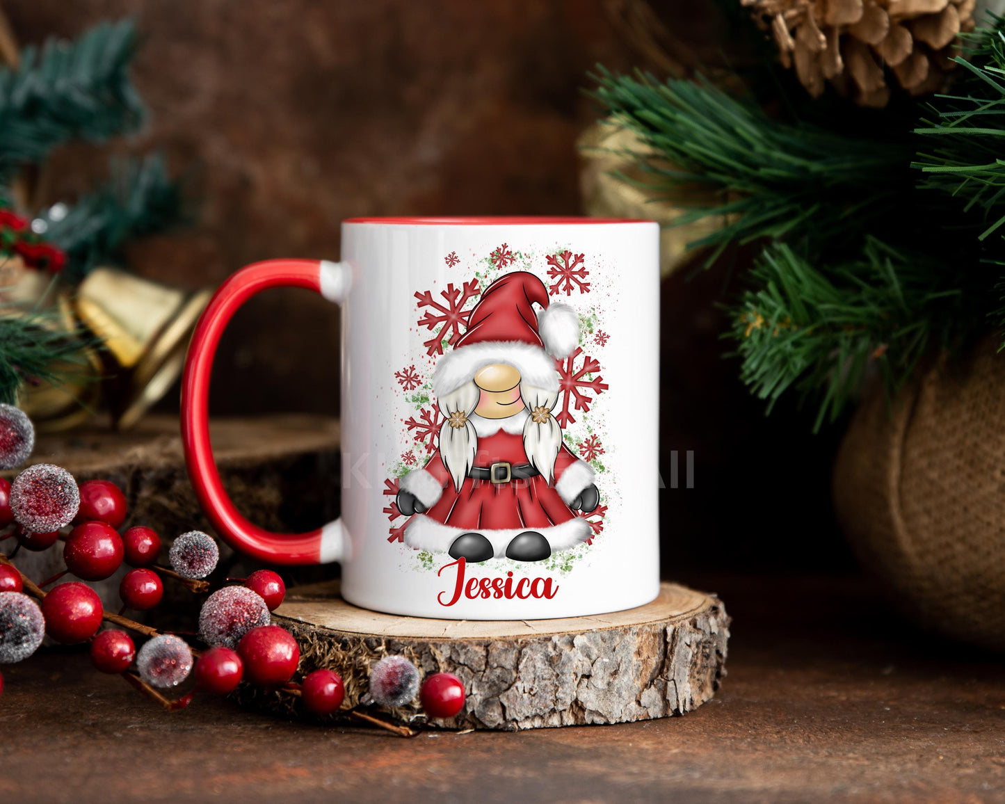 Mrs Claus Gonk Mug, Personaliaed Christmas Cocoa Mug, Red Xmas Mug