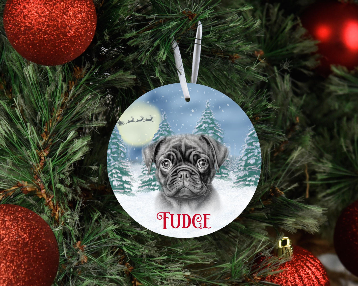 Personalised Christmas Black Pug Tree Decoration, Pug Metal Christmas Hanging Ornament