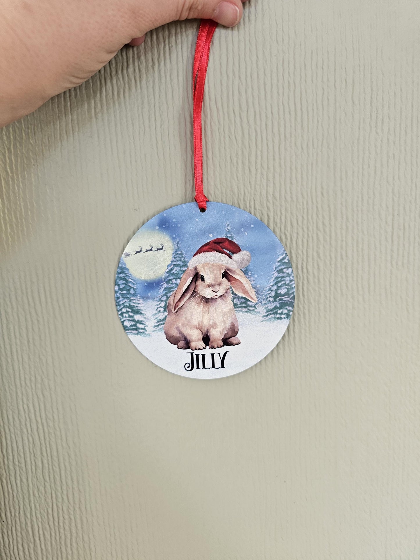 Personalised Christmas Bunny Rabbit Tree Decoration, Rabbit Metal Christmas Hanging Ornament