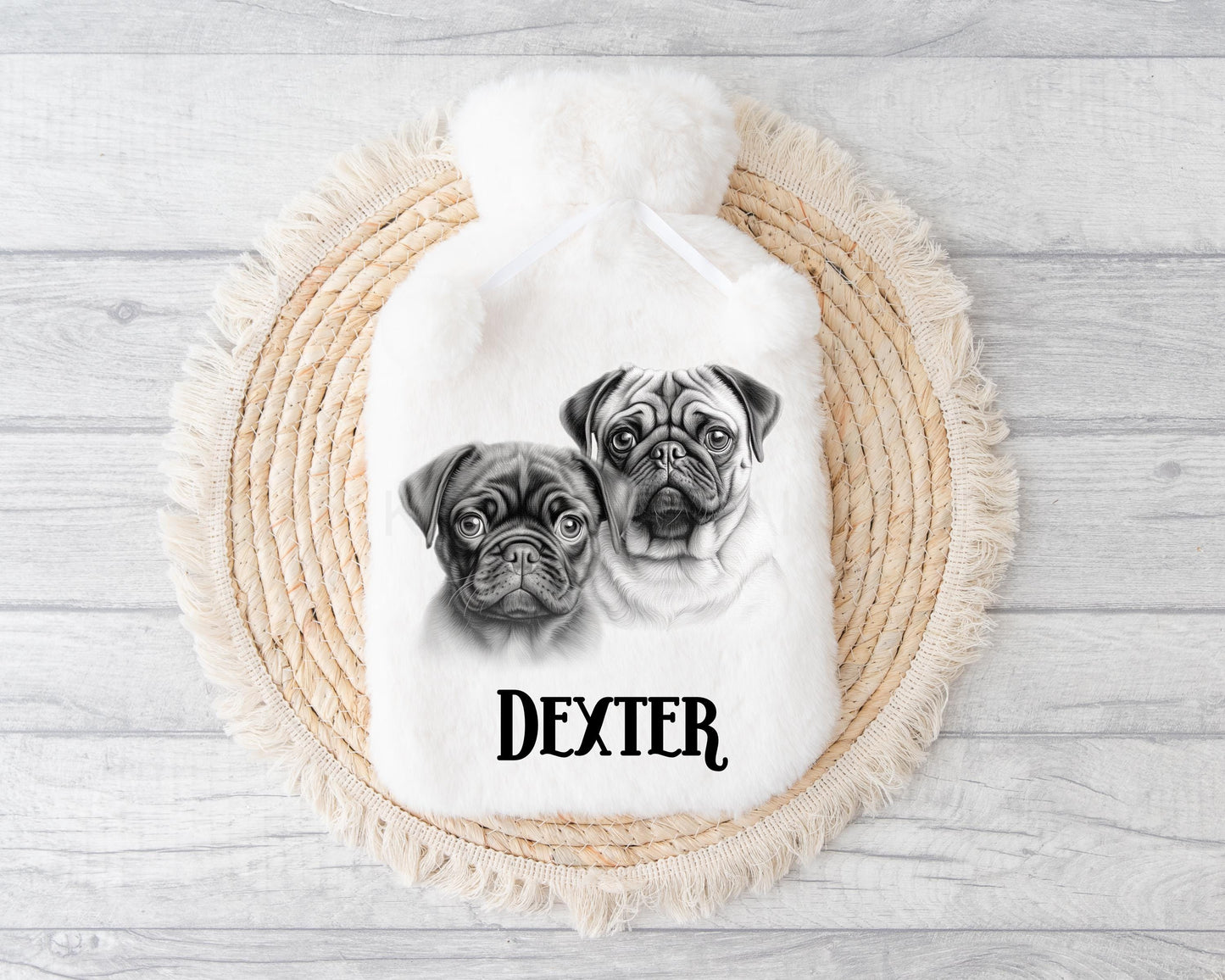 Black & Fawn Pug Hot Water Bottle, Personalised Dog Hot Water Bottle, Black Pug Gifts, Fawn Pug