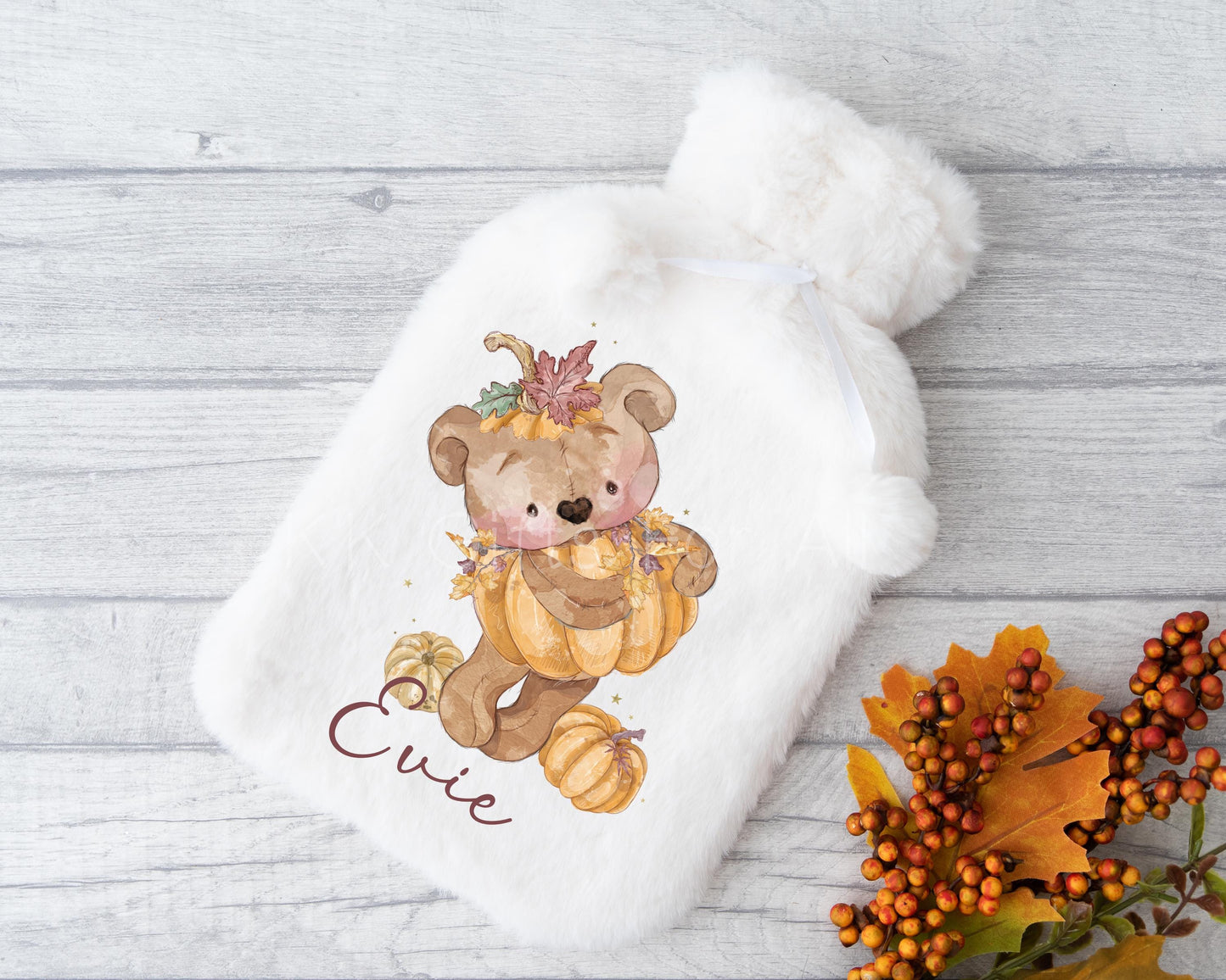 Hot Water Bottle, Personalised Bear Hot Water Bottle, Autumn Theme Hot Water Bottle, Pumpkin Bear Gift