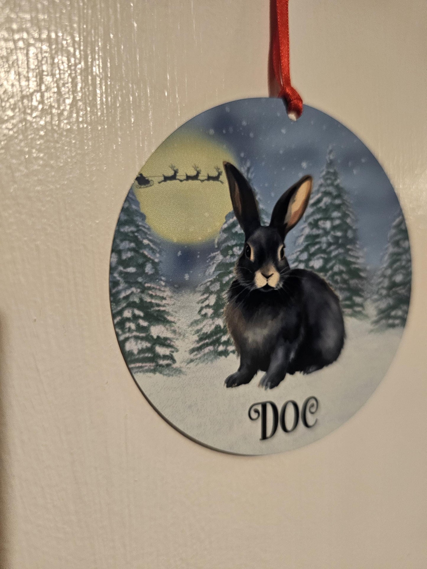 Personalised Christmas Black Bunny Rabbit Tree Decoration, Rabbit Metal Christmas Hanging Ornament