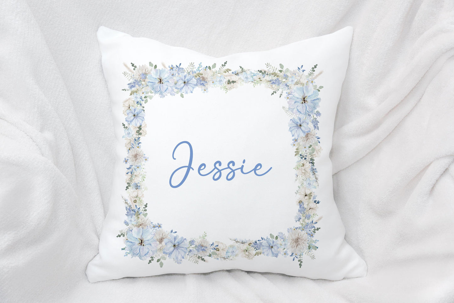 Blue Floral Frame Cushion, Light Blue Home Decor Pillow, Gift For New Home, Couple Wedding Gift