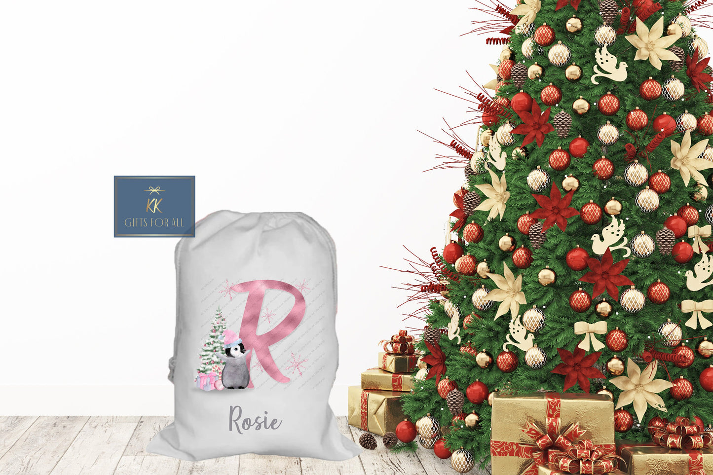 Personalsied Christmas Santa Sack Father Christmas Bag, Pink Penguin Father Christmas Sack, Name & Initial
