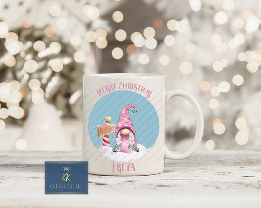 Personalised Pink Girl Gonk Christmas Mug, Kids Gnome Hot Chocolate Mug, Cocoa Mug, Xmas Gonk