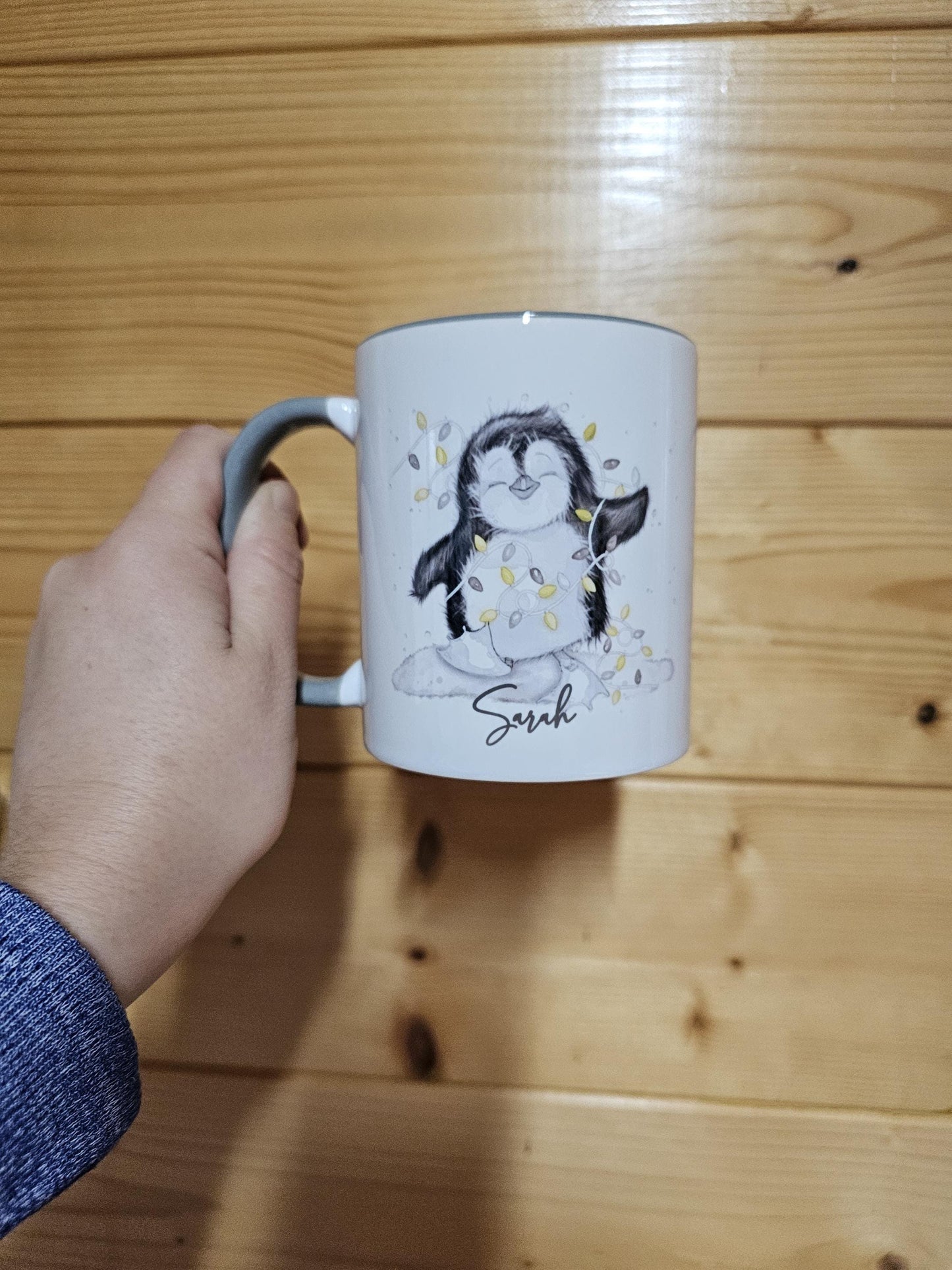 Personalised Christmas Penguin Mug, Sketch Penguin With Xmas Lights, Christmas Hot Choc Mug