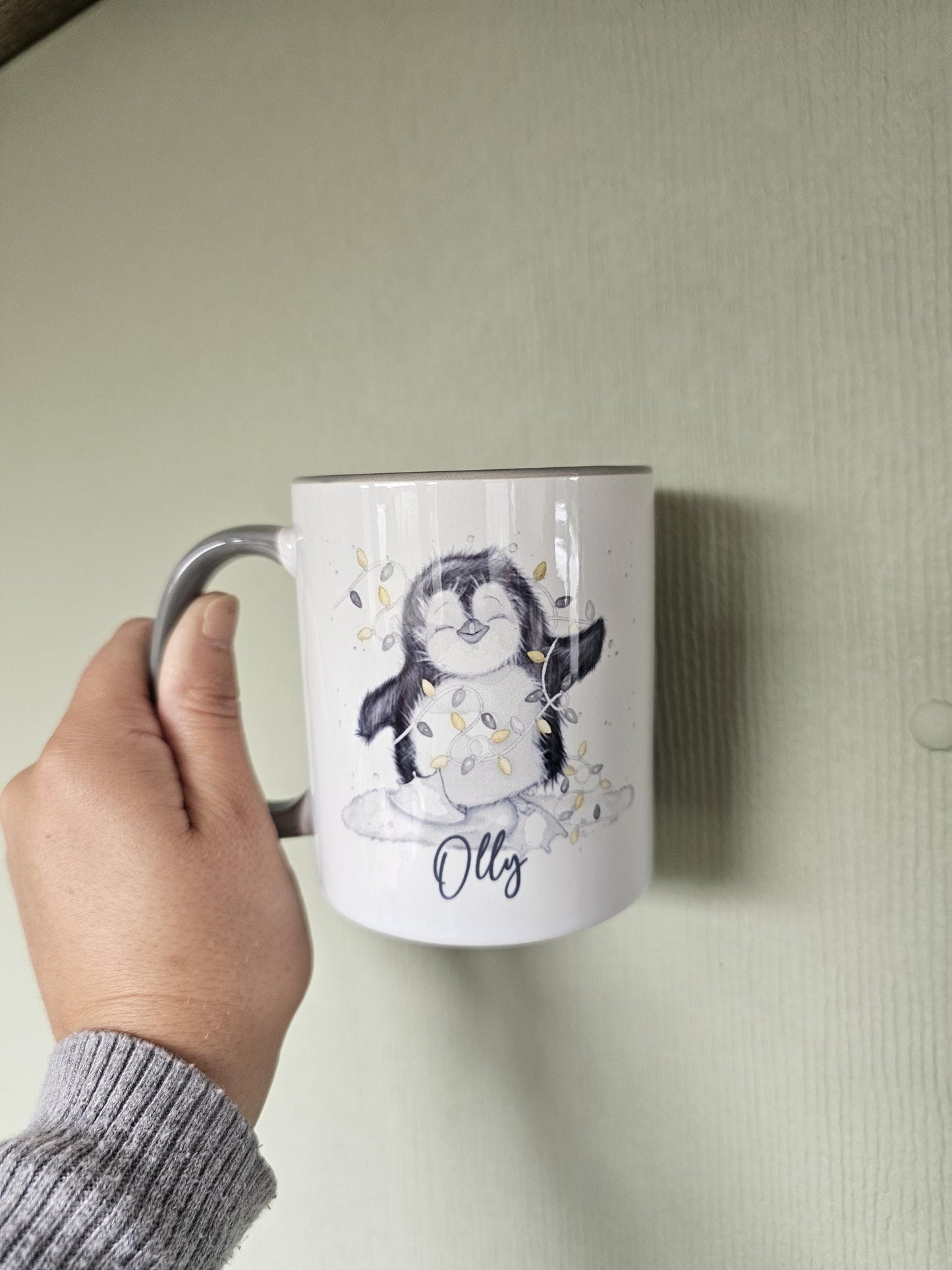 Personalised Christmas Penguin Mug, Sketch Penguin With Xmas Lights, Christmas Hot Choc Mug