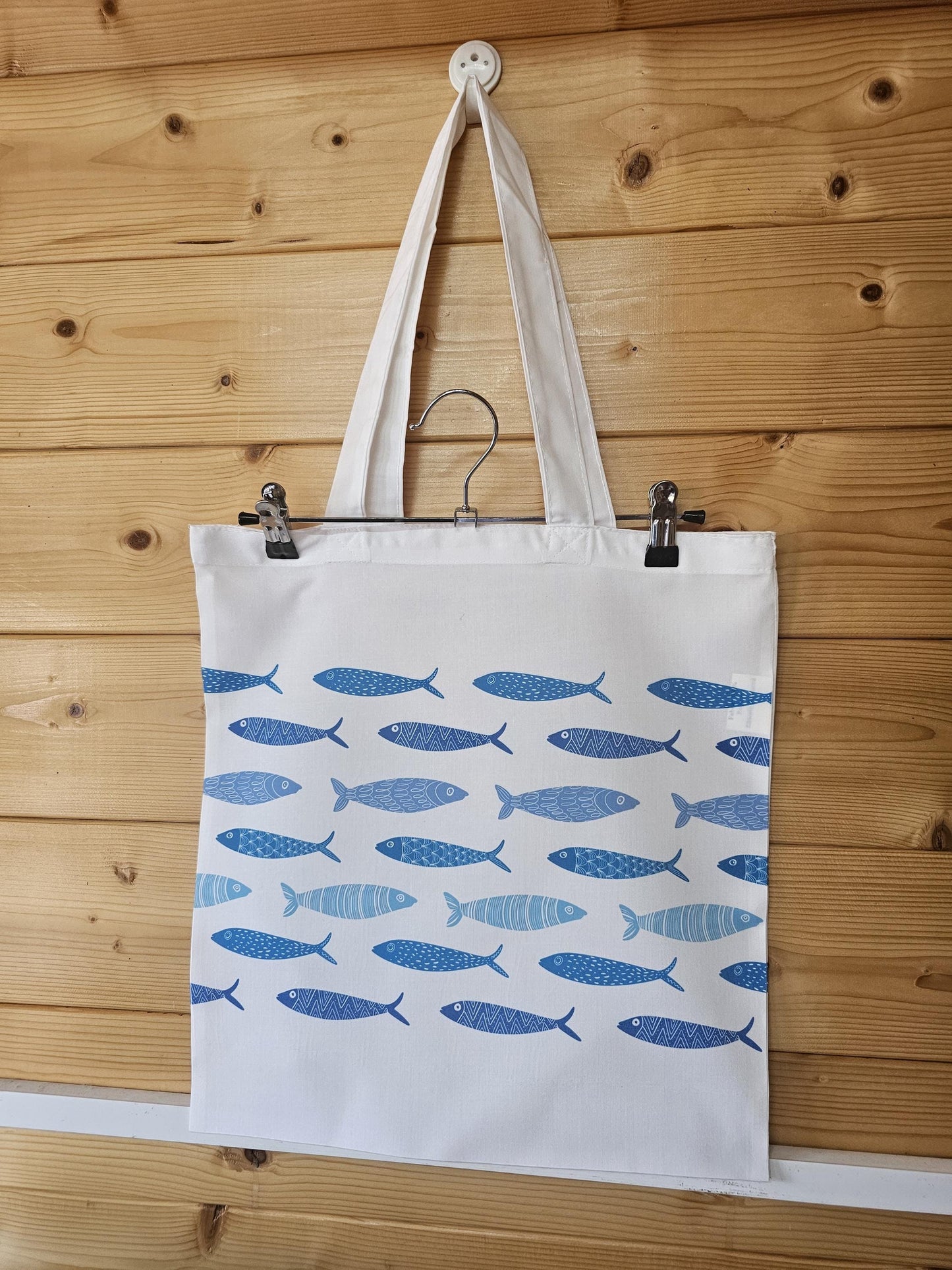 Personalised Sardine Fish Tote Bag, Long Handle Reusable Shopper, Maritime Theme Gift