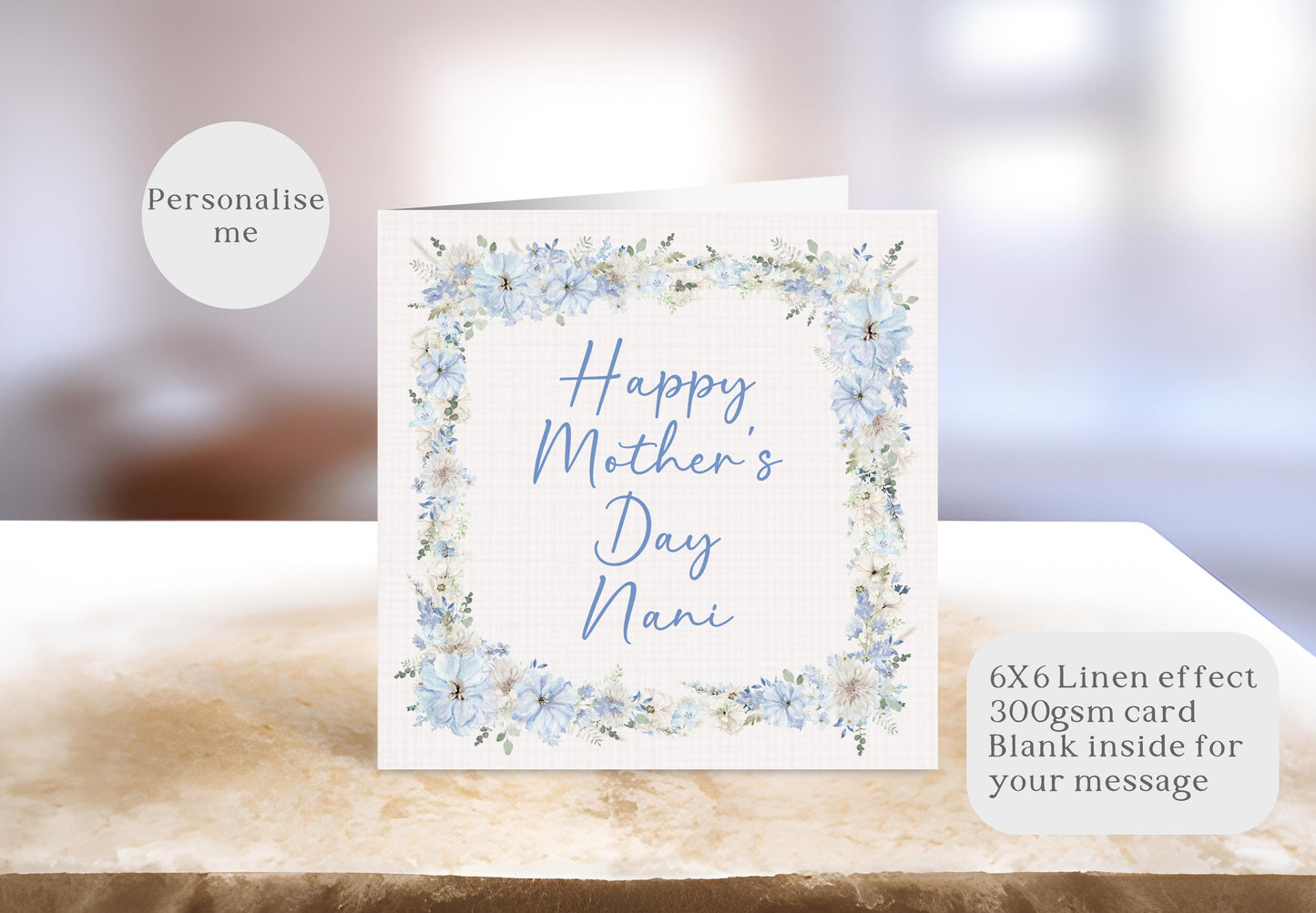 Blue Floral Mother's Day Card, Personalised Mother's Day Card, Card For Mum Granny Nan With Blue Floral Frame