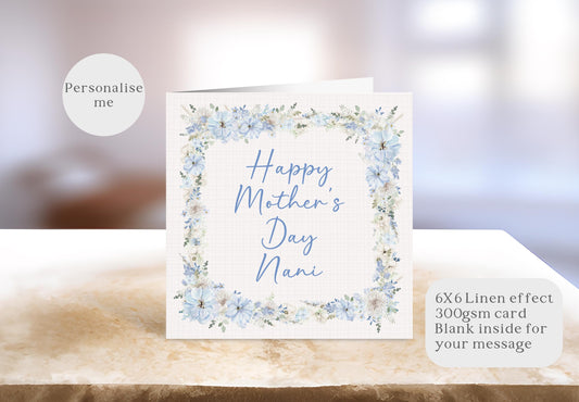 Blue Floral Mother's Day Card, Personalised Mother's Day Card, Card For Mum Granny Nan With Blue Floral Frame