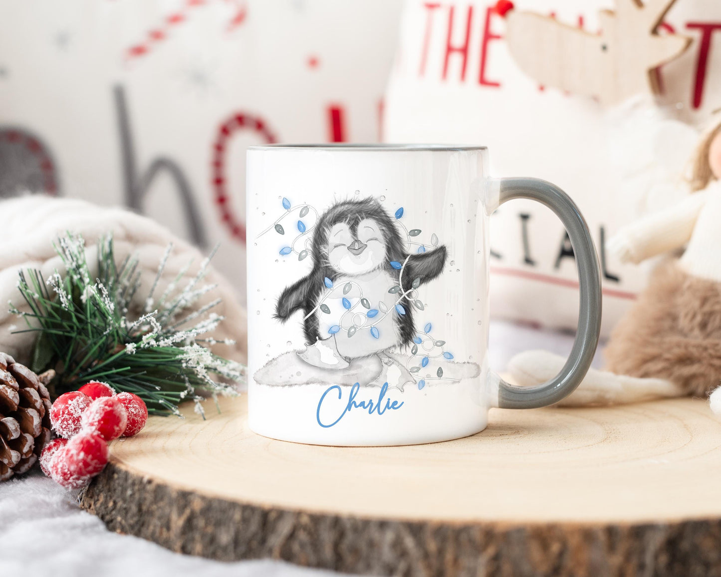 Personalised Christmas Penguin Mug, Sketch Penguin With Blue Lights, Christmas Hot Choc Mug