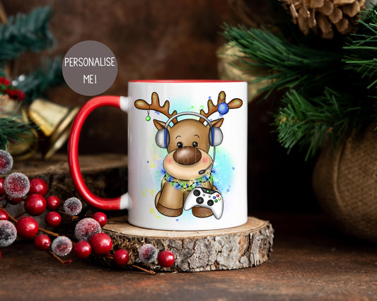 Christmas Gamer Mug, Personalised Reindeer Mug
