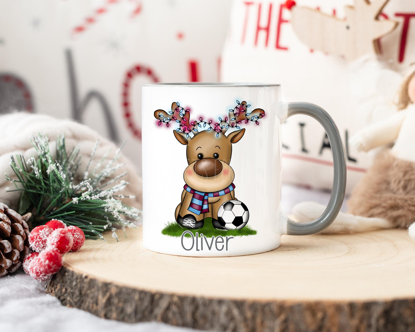 Christmas Football Reindeer Mug, Personalised Christmas Mug For Football Lover