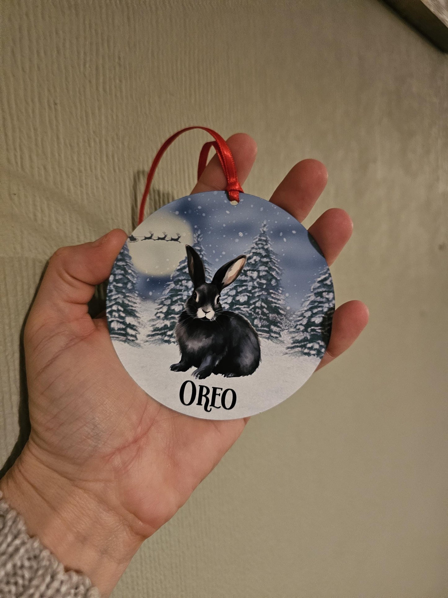 Personalised Christmas Black Bunny Rabbit Tree Decoration, Rabbit Metal Christmas Hanging Ornament