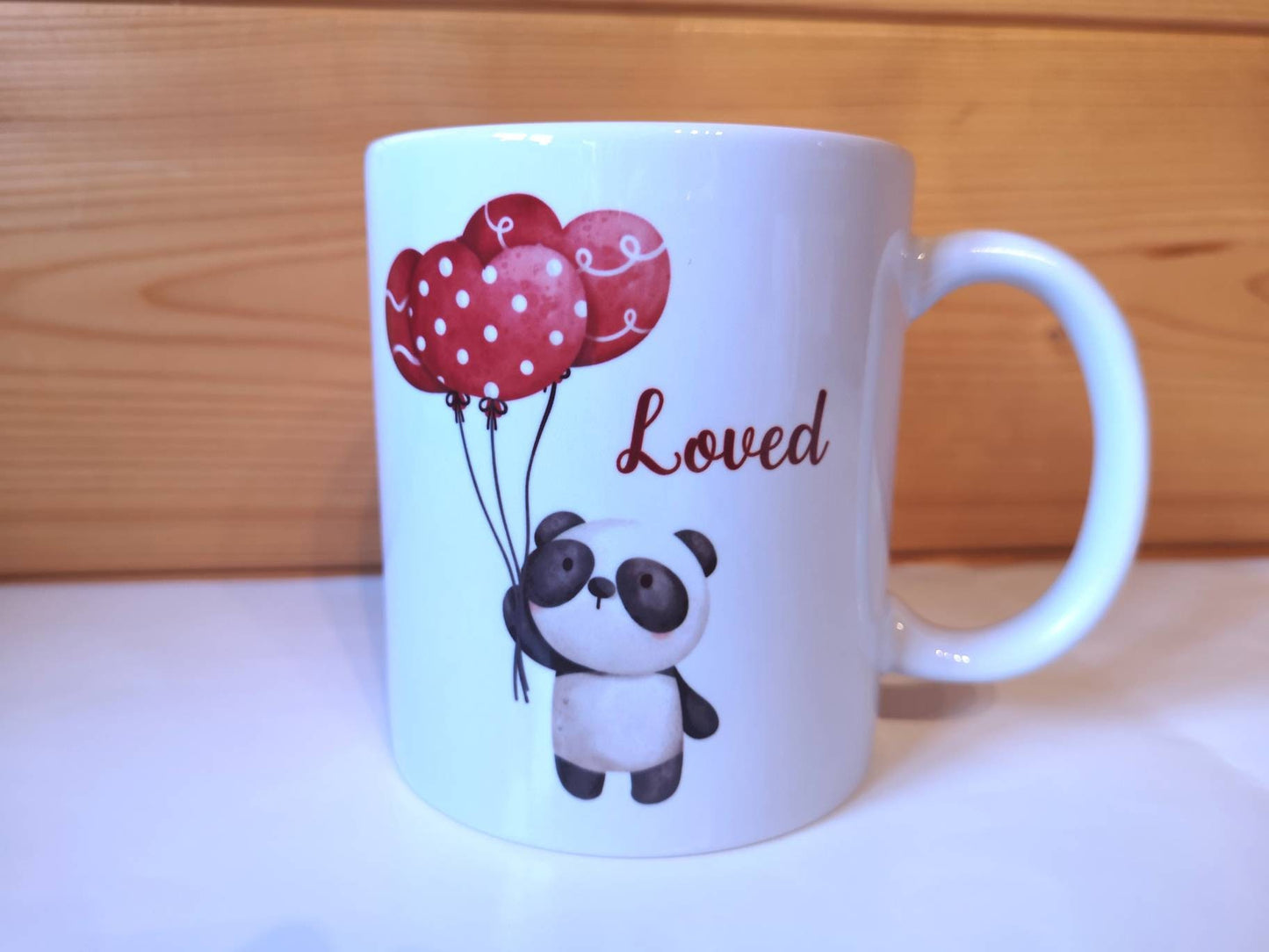 Personalised Cute Panda Mug, Panda Holding Heart Balloon, Black And White Panda Red Balloon, Mug And Coaster