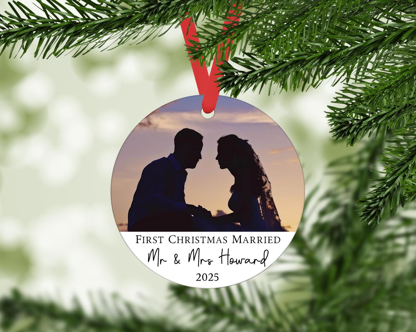 Personalised First Christmas Married Ornament, Newlywed Photo Keepsake, Bride & Groom Wedding Decoration