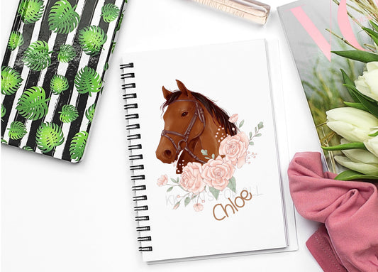 Personalised A5 Horse Notebook, Gift For Horse Rider Lover Owner, Horse And Roses Notepad, Notebook For Her
