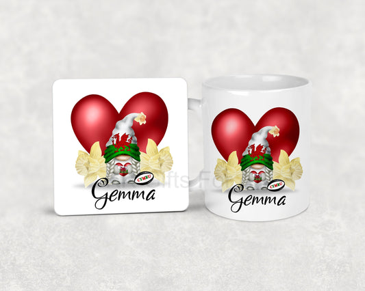 Welsh Gnome, Wales Gonk, St.Davids Day Coffee Mug & Coaster, Personalised Wales Gifts For Her, Gonk With Daffodil, Wales Forever, Custom Mug