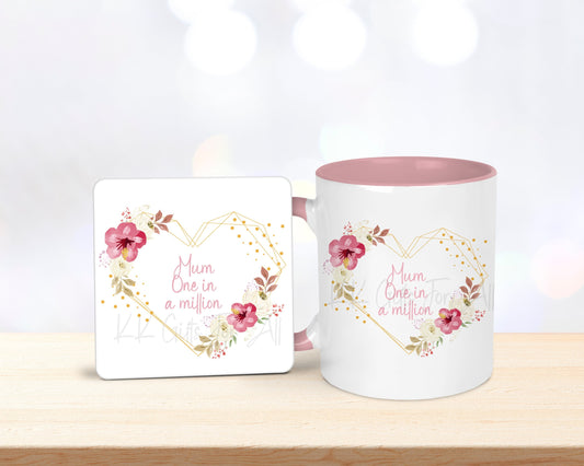 Mum In A Million Mug & Coaster, Gift For Best Mummy, Birthday Gift For Mum,  Custom Coaster, Tea Cup, Mums Coffee, Floral Heart, Baby Shower