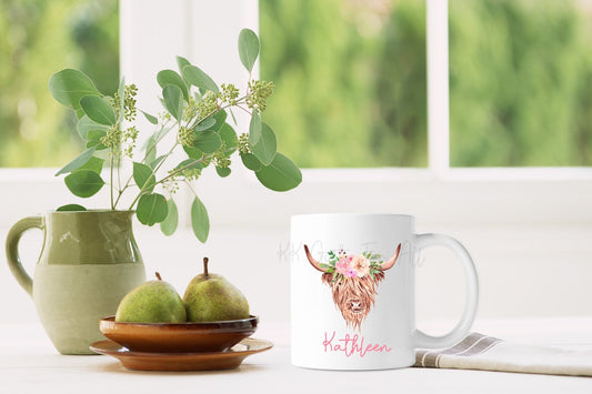 Personalised Highland Cow Mug, Brown Floral Highland Cattle Gifts, Mug For Women Mum Nan Sister Friend
