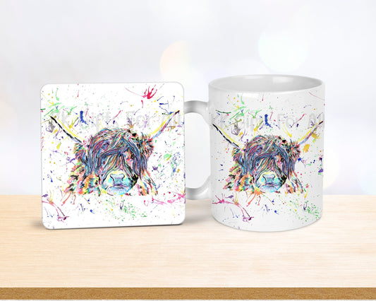 Rainbow Highland Cow Mug & Coaster, Birthday Gift For Her, Anniversary Gift, Cute Highland Cow, Multi Colour, Custom Gift, Personalised Gift