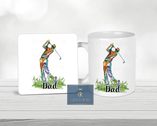 Male Golf Lover Gift, Personalised Golfing Gift, Dad's Birthday Gift, Gifts For Him, Mug And Coaster Gift Set, Watercolour Rainbow Golf Gift