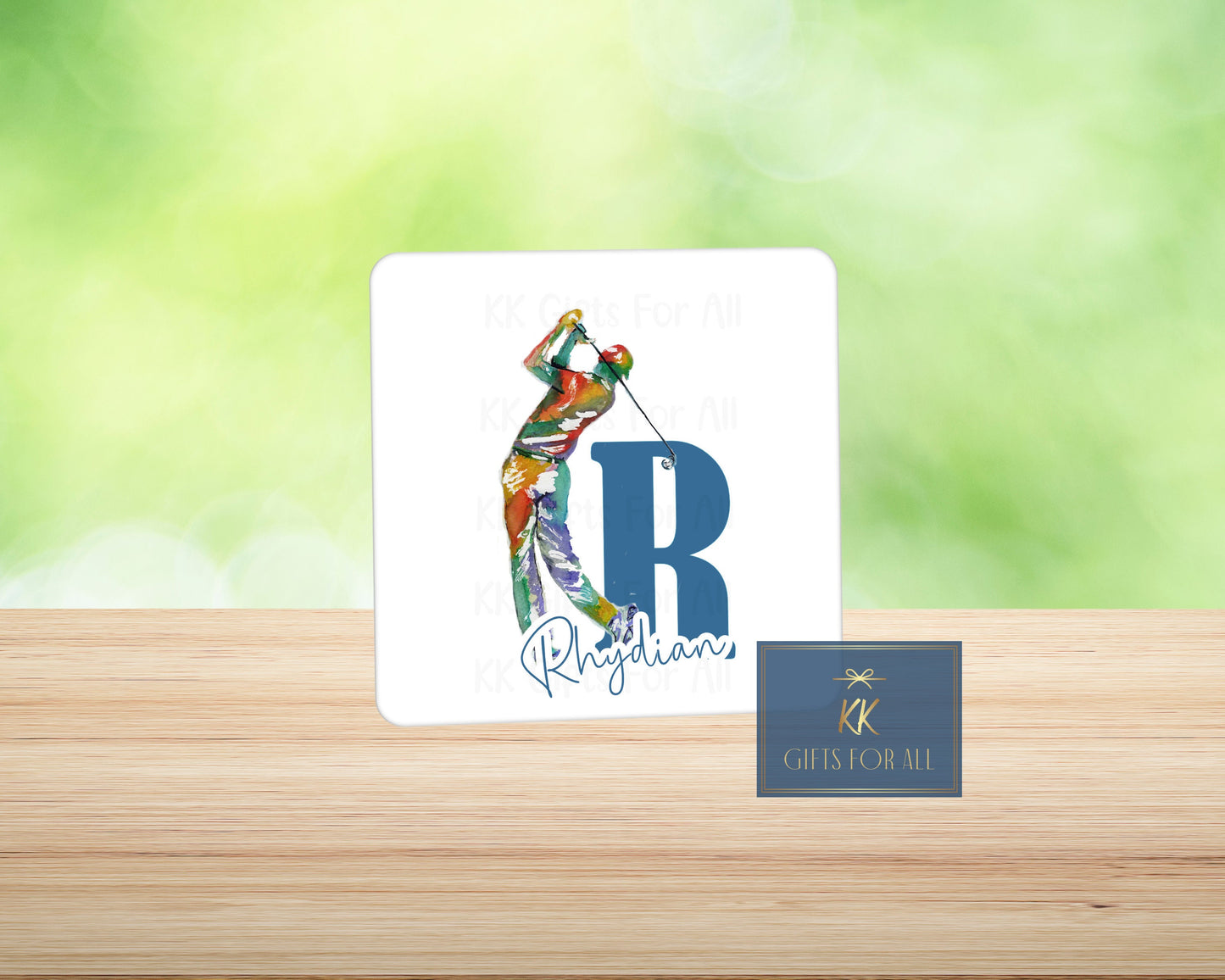 Personalised Golfer Gift, Birthday Gift, Anniversary Gift For Him, Blue Initial, Mug And Coaster, Watercolour Golfer, Initial, Gift For Male