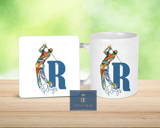Personalised Golfer Gift, Birthday Gift, Anniversary Gift For Him, Blue Initial, Mug And Coaster, Watercolour Golfer, Initial, Gift For Male
