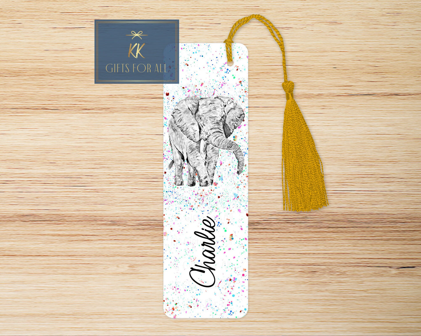 Grey Elephant Bookmark, Personalised Bookmark, Paint Splatter Effect Background, Custom Elephant Bookmark, Gift For Her, Elephant Lover Gift