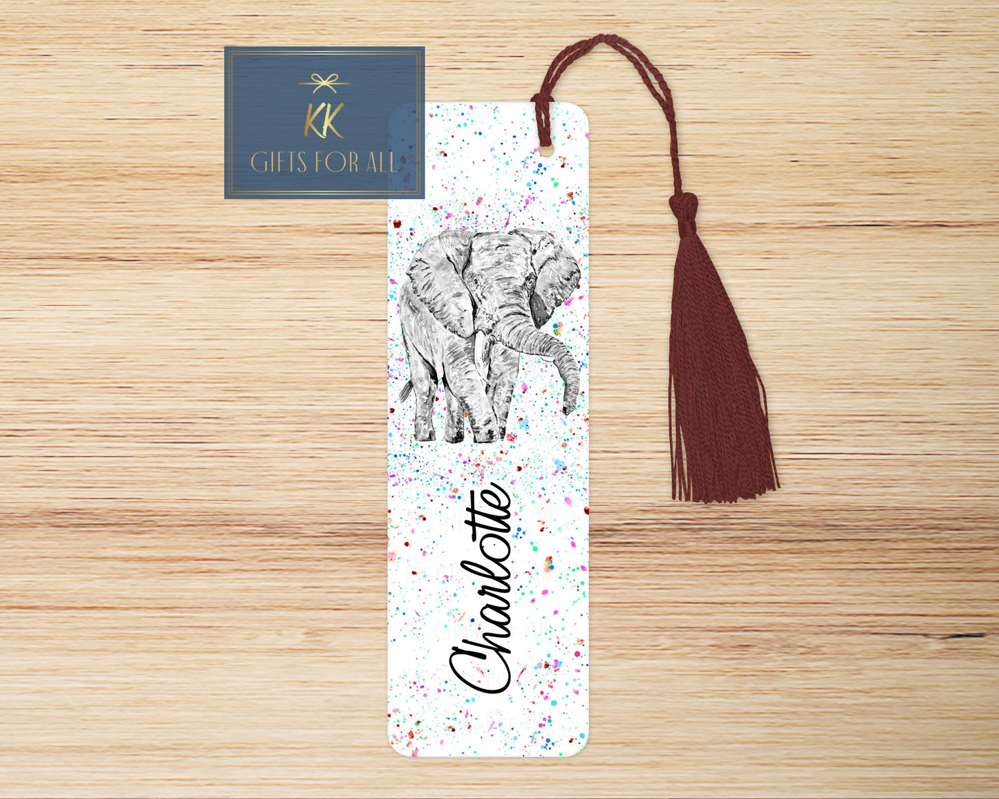 Grey Elephant Bookmark, Personalised Bookmark, Paint Splatter Effect Background, Custom Elephant Bookmark, Gift For Her, Elephant Lover Gift