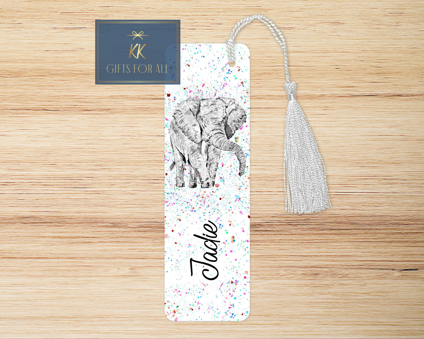 Grey Elephant Bookmark, Personalised Bookmark, Paint Splatter Effect Background, Custom Elephant Bookmark, Gift For Her, Elephant Lover Gift