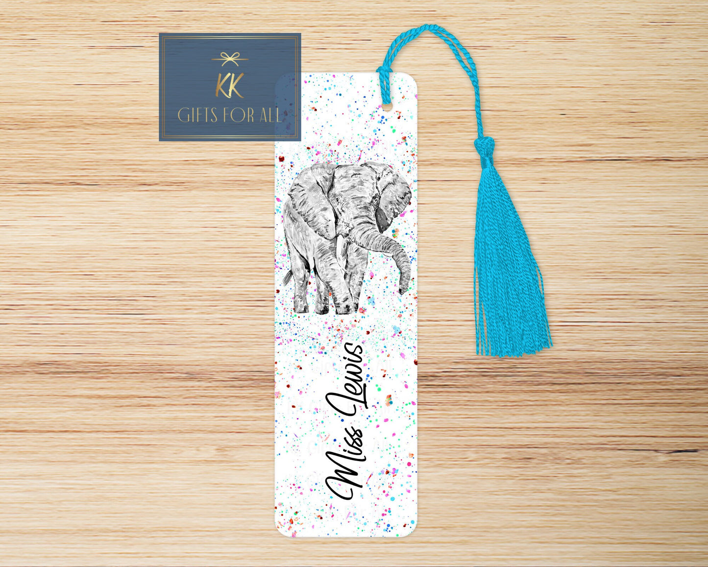 Grey Elephant Bookmark, Personalised Bookmark, Paint Splatter Effect Background, Custom Elephant Bookmark, Gift For Her, Elephant Lover Gift