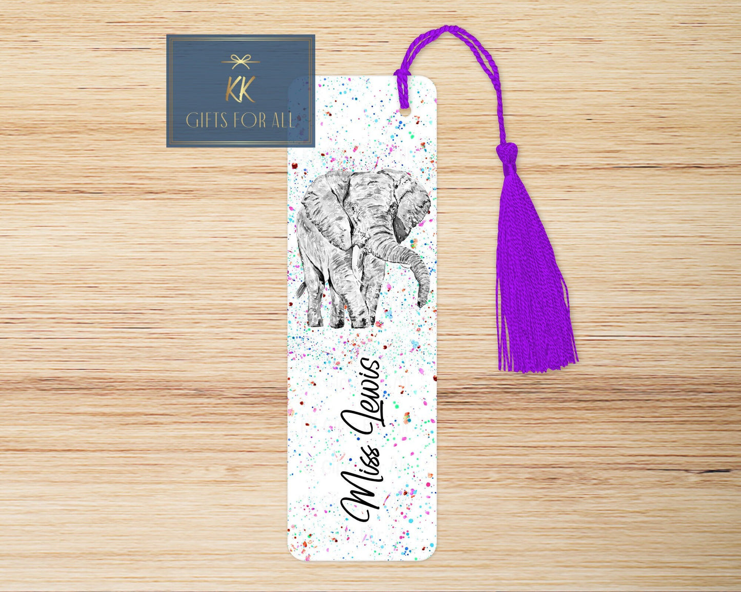 Grey Elephant Bookmark, Personalised Bookmark, Paint Splatter Effect Background, Custom Elephant Bookmark, Gift For Her, Elephant Lover Gift